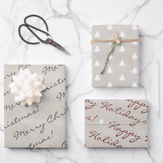 クラフト素朴紙メリークリスマスハッピーホリデイズ ラッピングペーパーシート (正面)