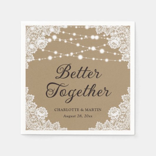 クラフト素朴紙レースストリングライツ結婚ズ スタンダードカクテルナプキン (正面)