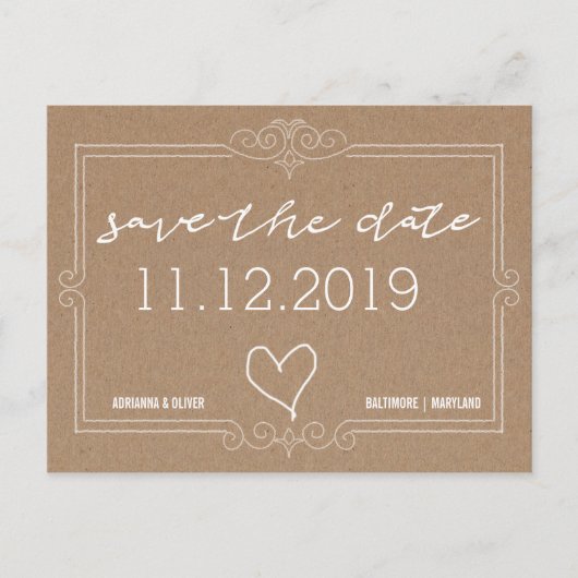 クラフト素朴紙保存日付タイポグラフィ 案内ポストカード (正面)