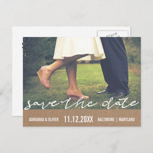 クラフト素朴紙日付の保存タイポグラフィ写真 案内ポストカード (正面/裏面)