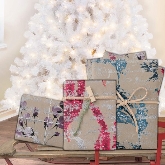 クラフト素朴花模様&シルバー手書き ラッピングペーパーシート