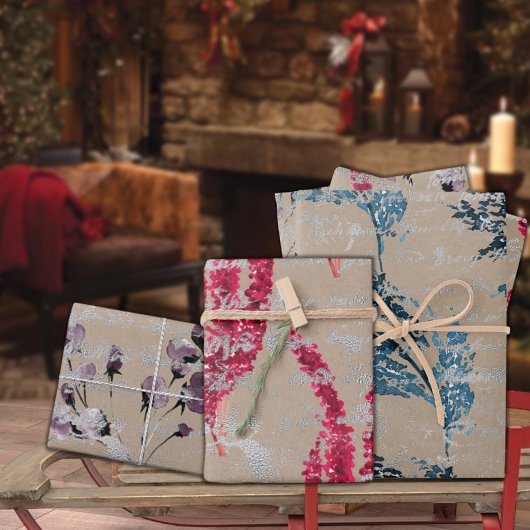 クラフト素朴花模様&シルバー手書き ラッピングペーパーシート