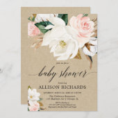 クラフト素朴赤面ピンクマグノリア女の子の赤ちゃんシャワー 招待状 (正面/裏面)