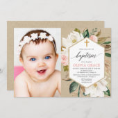 クラフト素朴赤面ピンク白フローラバプテスマ写真 招待状 (正面/裏面)