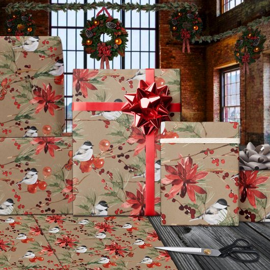 クラフト素朴《鳥》アメリカゴガラレッドベリーズ&ポインセティアス ラッピングペーパーシート