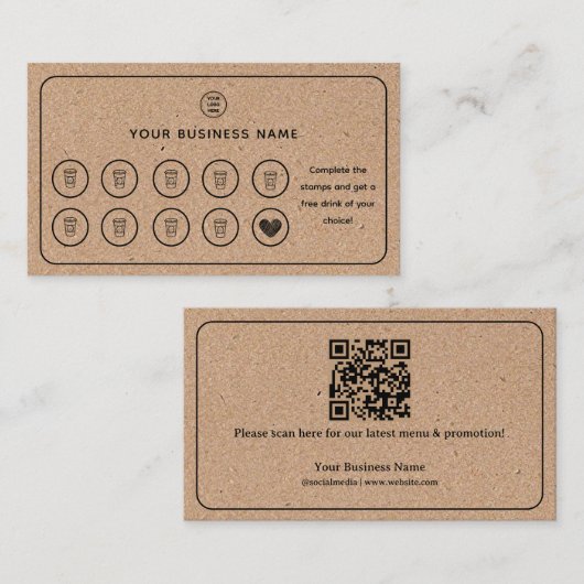 クラフト背景コーヒーカップQRコードあなたのロゴを追加 ロイヤリティカード (正面/裏面)