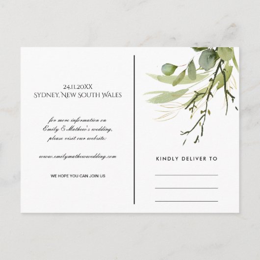 クラフト葉の緑の葉の水色日付を保存 案内ポストカード (裏面)