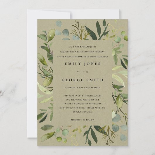 クラフト葉フレーム緑の葉の水の色結婚の 招待状 (正面)