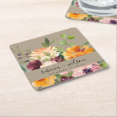 クラフト赤面イエローオレンジフローラバンチ結婚ーズ スクエアペーパーコースター (アングル)