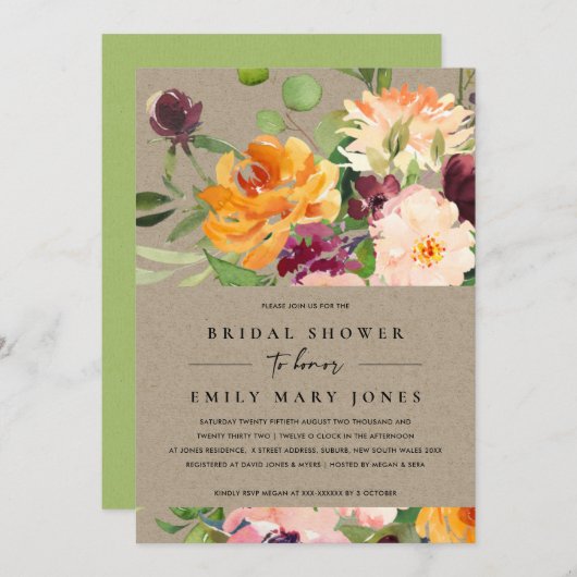 クラフト赤面イエローオレンジフローラブライダルシャワー 招待状 (正面/裏面)