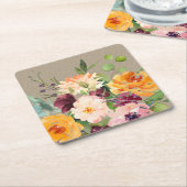 クラフト赤面イエローオレンジブルゴーニュフローラバンチ スクエアペーパーコースター (アングル)