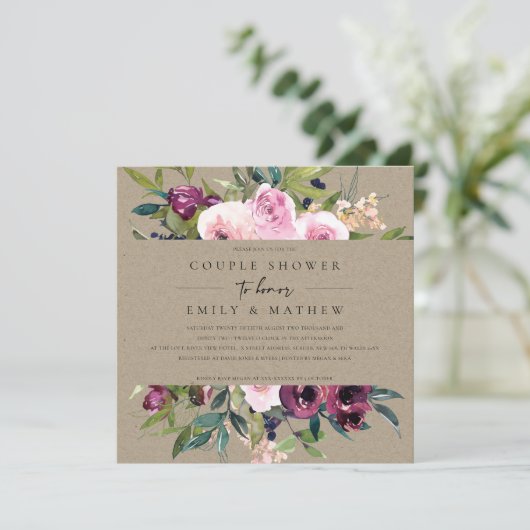 クラフト赤面バーガンディフローラバンチカップルのシャワー 招待状 (スタンド正面)