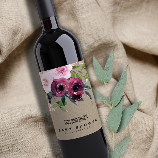 クラフト赤面バーガンディフローラバンチ赤ちゃんシャワー ワインラベル