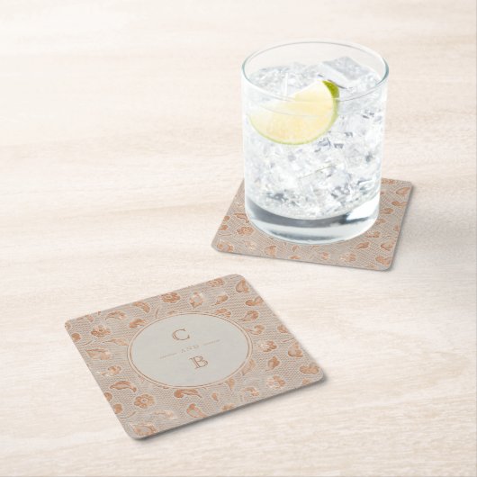 クラフト金ゴールドレース素朴な田舎のウェディングモノグラム スクエアペーパーコースター (インサイチュ)