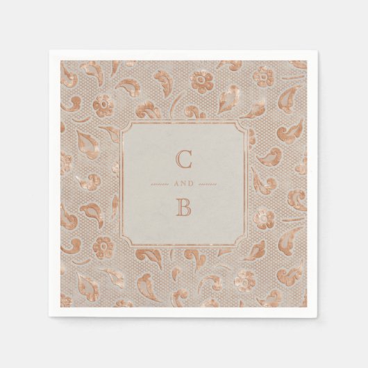 クラフト金ゴールドレース素朴な田舎のウェディングモノグラム スタンダードカクテルナプキン (正面)