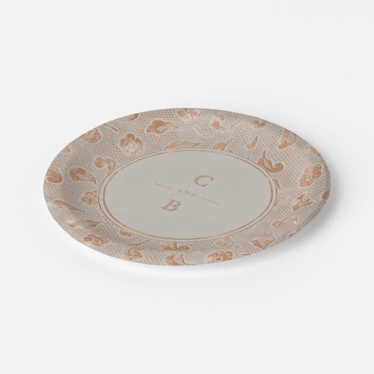 クラフト金ゴールドレース素朴な田舎のウェディングモノグラム ペーパープレート (アングル)