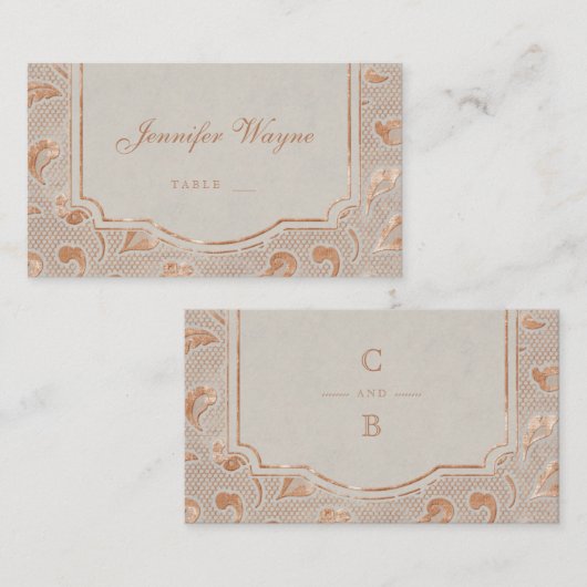 クラフト金ゴールドレース素朴な田舎の結婚式座席表 プレイスカード (正面/裏面)