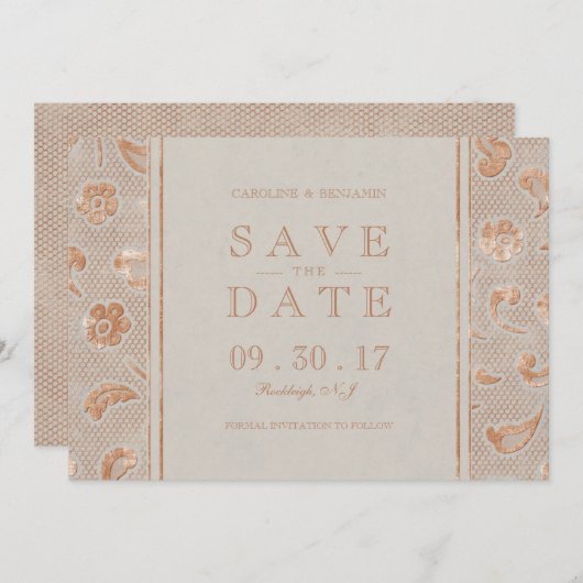 クラフト金ゴールドレース素朴な結婚式の日付を保存 セーブザデート (正面/裏面)