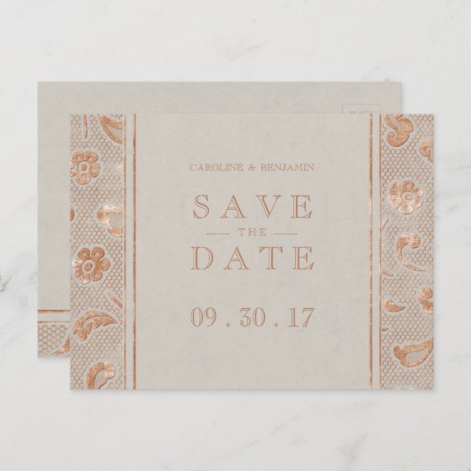クラフト金ゴールドレース素朴な結婚式の日付を保存 案内ポストカード (正面/裏面)