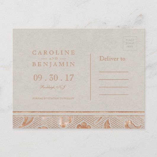 クラフト金ゴールドレース素朴な結婚式の日付を保存 案内ポストカード (裏面)