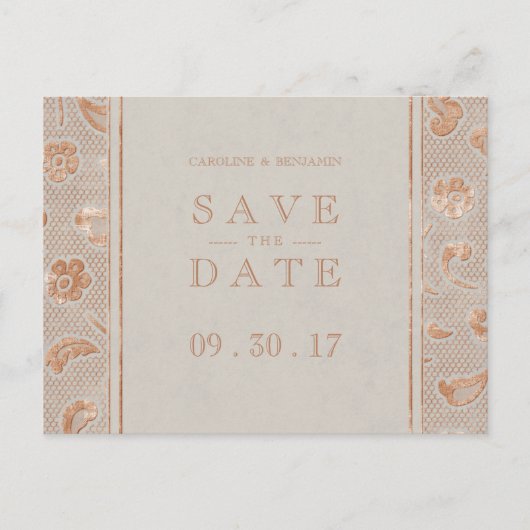 クラフト金ゴールドレース素朴な結婚式の日付を保存 案内ポストカード (正面)