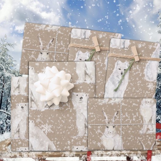 クラフト雪素朴雪の冬の北極動物 ラッピングペーパーシート