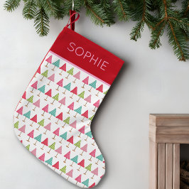 クラフト風クリスマスの木 - ピンク レッド グリーン スモールクリスマスストッキング