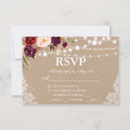 クラフト風ラスティックな結婚式用レースの花柄RSVP(食事選択あり) 出欠カード