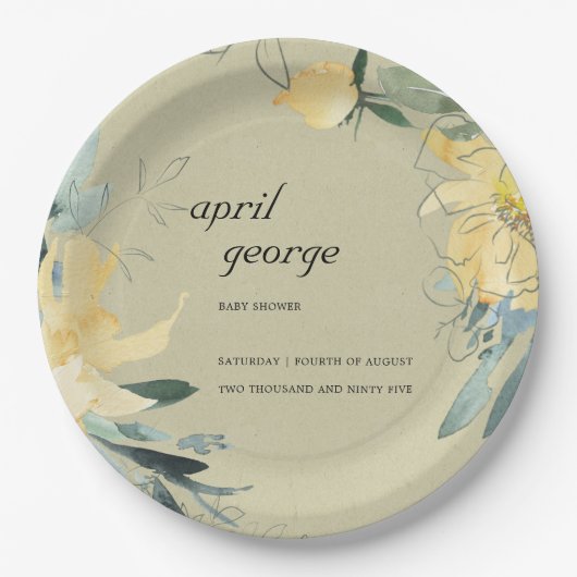 クラフト黄緑色フローラワテカラーベビーシャワー ペーパープレート (正面)