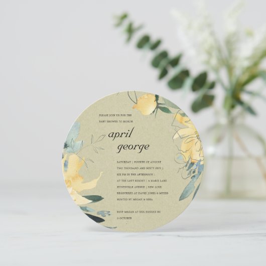 クラフト黄緑色フローラ赤ちゃんシャワー招待状 サンキューカード (スタンド正面)