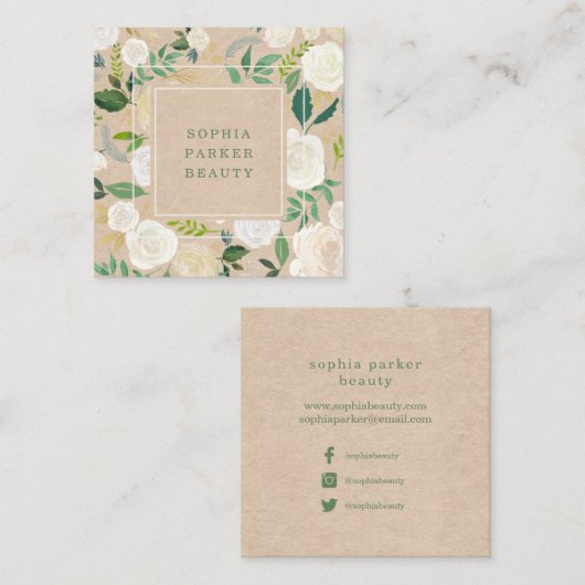 クラフト|の会合媒体の粋で素朴で白い花柄 スクエア名刺 (正面/裏面)