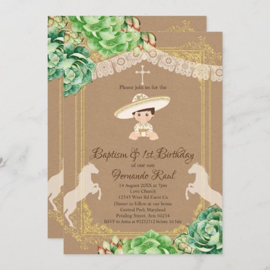 クラフト·カクタス·フィエスタ·バプテスマン·ファースト·誕生日·ボーイ 招待状 (正面/裏面)