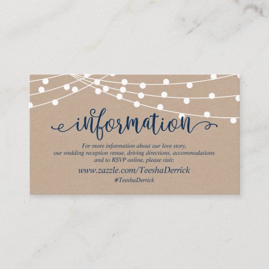 クラフト·ストリング·ライト、ネイビー·ブルー、結婚の詳細 エンクロージャーカード (正面)