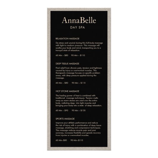 クラフト・ブ縁どラック・スパ・サロンの価格表メニュー ラックカード (正面)