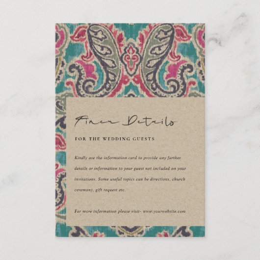 クラフト ボーホー トライバル イカット ピンク ティール ウェディング ディテール イー エンクロージャーカード (正面)