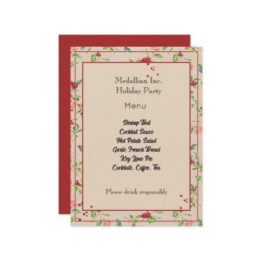 クラフト メニュー カードの赤い実と冬の葉 (正面/裏面インサイチュ)