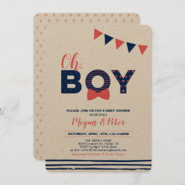 クラフト、レッド&ネイビー |モダン "Oh Boy"赤ちゃん 招待状