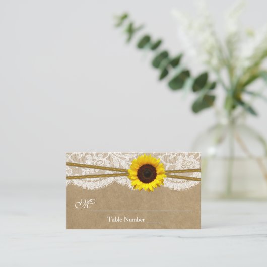 クラフト、レース、ひまわり結婚のカード プレイスカード (スタンド正面)