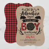 クラフト，素朴ランバージャック，バッファロープレイド，男の赤ちゃん 招待状 (正面/裏面)