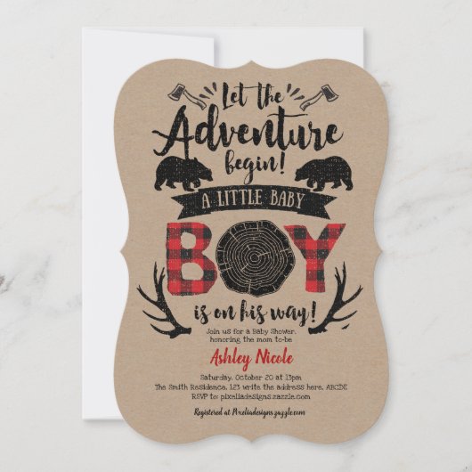 クラフト，素朴ランバージャック，バッファロープレイド，男の赤ちゃん 招待状 (正面)