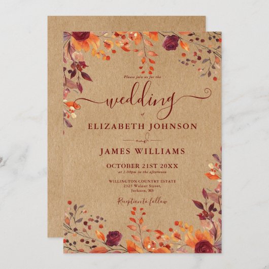 クラフ素朴タ秋素朴離れ結婚フローラズ 招待状 (正面/裏面)