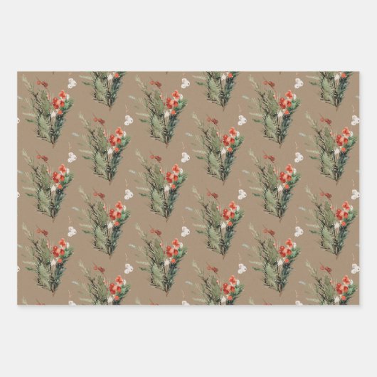 クラフ素朴トクリスマスブーケススプリグ&ポジズ ラッピングペーパーシート (正面)