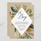 クラフ素朴トグリーンリー葉群ボーイ秋ベビーシャワー 招待状 (正面/裏面)
