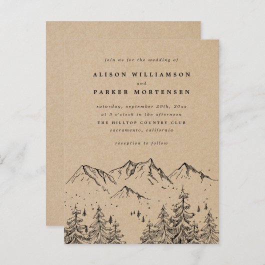 クラフ素朴ト手描き山と木の結婚木 インビテーションポストカード (正面/裏面)