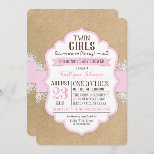 クラフ素朴ト紙レースピンクベビーシャワー 招待状 (正面/裏面)