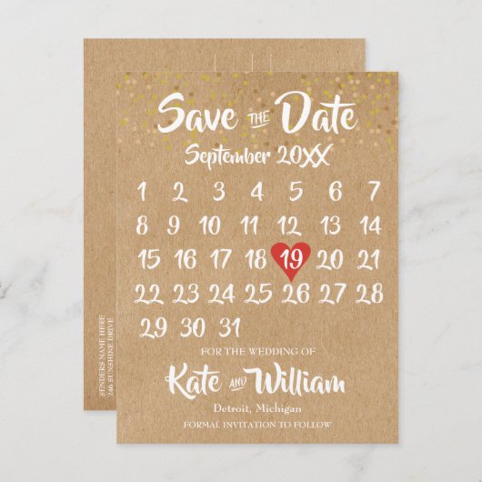 クラフ素朴ト赤いハートカレンダ日付の保存 案内ポストカード (正面/裏面)