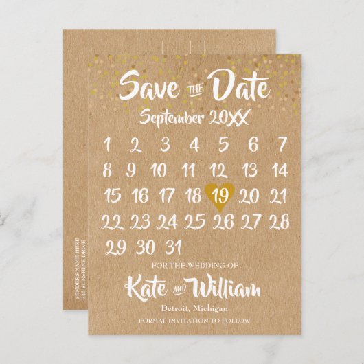 クラフ素朴ト金ゴールドハートカレンダー日付の保存 案内ポストカード (正面/裏面)