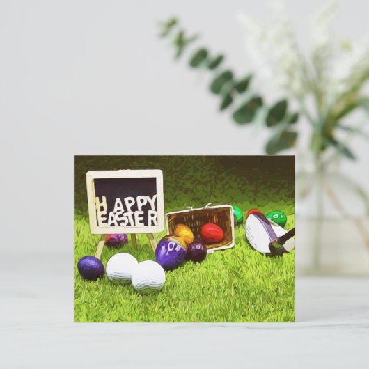 クラブとゴルフボールを備えたゴルフイースターカラフル シーズンポストカード (スタンド正面)