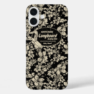 クラブサーフィンロングボードハイビスカスハワイアンブラック iPhone 16 PLUSケース