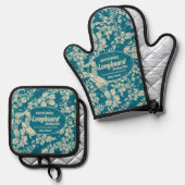 クラブサーフィンロングボードロゴハイビスカスハワイアンティール（緑がかった色） 鍋つかみ&鍋敷きセット (正面/裏面)